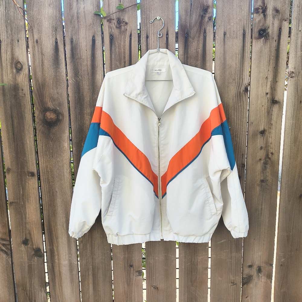 MOUSSY | Japanese Polyester White Color Block Jacket w Orange & Blue Stripes